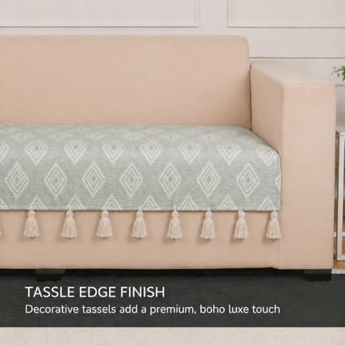 Image of STITCHNEST 'Verdant Rekhika Stories' 2 Seater Sofa Cover| Elegant Jacquard Fabric, Decorative Tassels, Washable & Durable for Modern Living