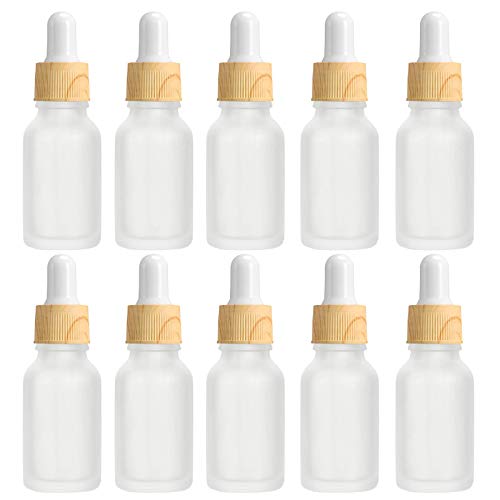Alledomain 10 botellas de vidrio transparente esmerilado de 10 ml con pipetas cuentagotas, mini botellas vacías cuentagotas con tapa de plástico de grano de madera, contenedor de muestra recargable