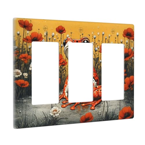 Decorative Outlet Covers Big Orange Frog Red Floral Wildflower 3 Gang Wall Plate Triple Rocker Light Switch Cover Plate Jumbo Electrical Gfci Faceplate for Bedroom Decor