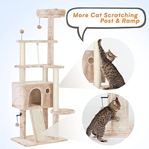 Tscomon 64In Large Cat Tree Cat Tower For Indoor Cats, Multi-Level Cat Furniture Condo Cat Caves Cat House With Hang Ball Toys And Cat Sisal Scratching Posts For Kittens Pet House Play, Beige #TOP4