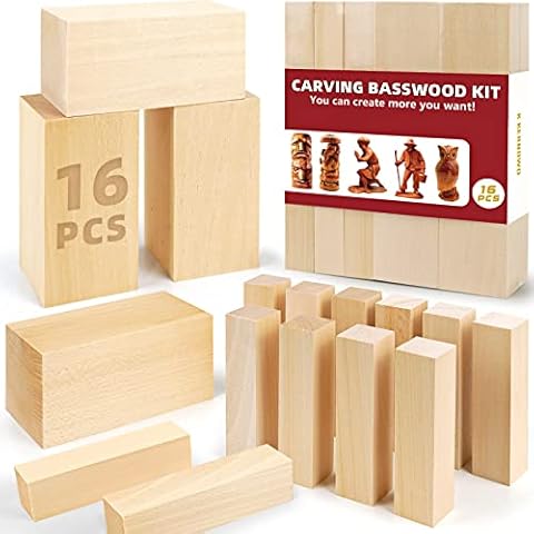 Basswood Carving Blocks, 16PCS Whittling Wood Blocks Wood Carving Kit with 2 Different Sizes, Bass Wood for Wood Carving Easy to Use, for Kids and Adults Cover