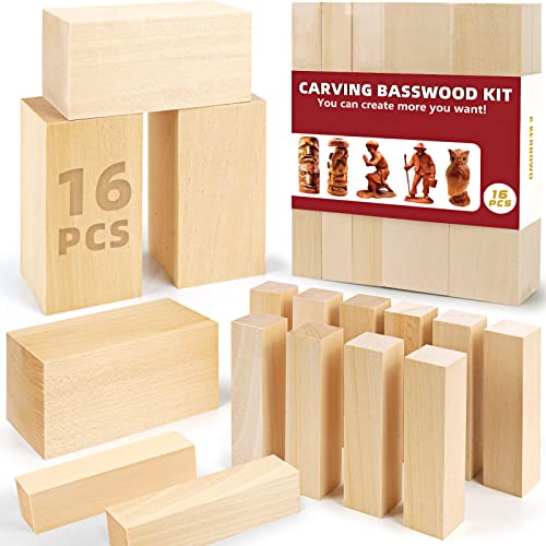 Image of Basswood Carving Blocks, 16PCS Whittling Wood Blocks Kit with 2 Different Sizes, Easy to Use, for Kids and Adults