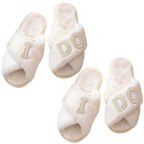 Pantuflas de novia de felpa blanca con perlas talla 38-39