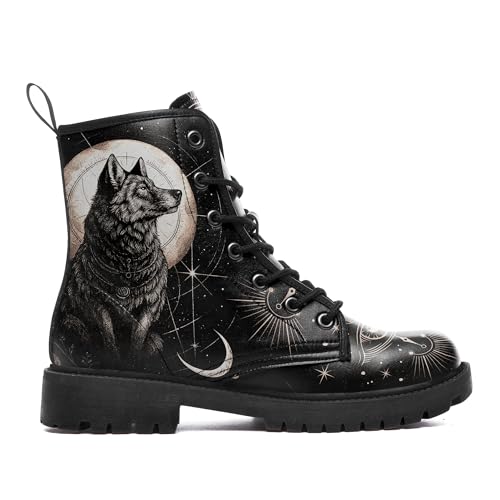 coolcustomize Gothic Combat Ankle Boots for Women Men Artwork Wolf Print Lace-Up Vegan Leather Booties Punk Rock Chuncky Heel Fashion Black Boots
