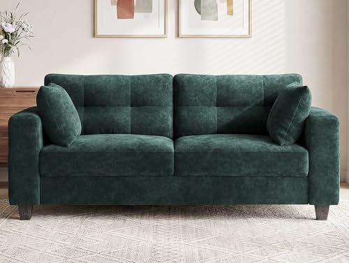 Image of 70 inch Loveseat Sofa for Living Room, Chenille Cloud Couch with USB /Type-C Charging Ports, Side Pockets, Removable Cover, Wide Armrests, Small Couch for Small Space, Easy Assembly, Dark Green