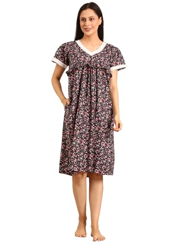 Image of Rupa Jon Aishwarya Women Short Printed Nighty in Premium Cotton Blend Fabric, Midi Length, Night Dress, Three-Fourth Length for Comfortable Everyday Wear