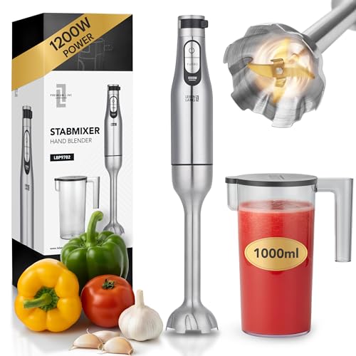 LEBENLANG Premium 1200W Stabmixer Edelstahl - Inkl. 1000ml Messbecher & Spritzschutz I Stufenlos verstellbar & Turbo I Elektrische Hand Blender Pürierstab Edelstahl Zauberstab Mixstab Purierstabmixer