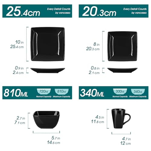 Image of vancasso Soho Dinnerware Sets 24 Pieces, Black Stoneware Square Place Setting, Dinner Plate, Cups and Plates Sets for Kitchen, Dish Set for 6
