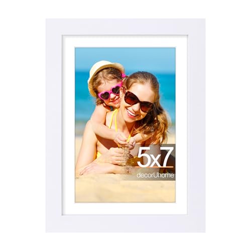 decorUhome 5x7 Picture Frame, Display Photos 4x6 with Mat or 5x7 Unmatted, Engineered Wood Frame with Plexiglass for Wall and Tabletop Display, White, Set of 1