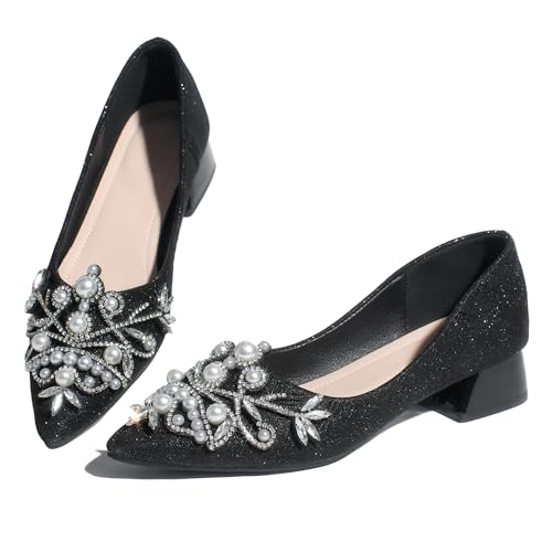 Women's Chunky Heel Comfortable Work Shoes Rhinestones Pearl Dress Wedding Pumps for Women - 1.18Inches Height