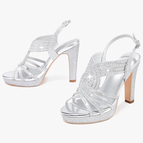 Image of Platform Heels for Women Sandals Dressy Sparkly Rhinestone Chunky | High Heels,Open Toe,Ankle Strap,Block Heel,Dress Shoes for Women,Summer Comfortable Pumps,Formal,Party,Wedding,Guest,Evening