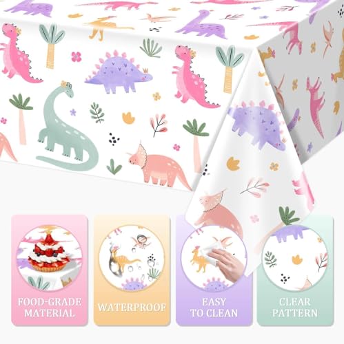 Image of 3pcs Pink Dinosaur Birthday Tablecloths 108x54inch Watercolor Dinosaur Birthday Decorations for Girls Dino Birthday Party Disposable Table Covers