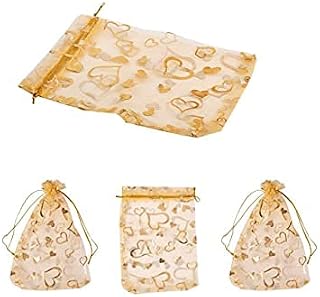 3A FEATURETAIL Net Fabric Drawstring Pouch For Dry Fruits Packing, Organza Shagun Potli, Beautiful Design Printed Potli Bags For Return Gifts, Jewellery Pouches (Pack Of 25, 16 Cm X 13 Cm, Gold)