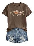 Anbech Womens Fish Graphic T-Shirts Summer Casual Tshirt Mountain Star Fisherman Art Print Trendy Tee Tops