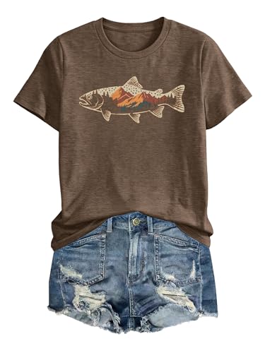 Anbech Womens Fish Graphic T-Shirts Summer Casual Tshirt Mountain Star Fisherman Art Print Trendy Tee Tops