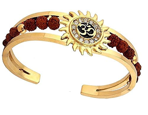 BharatSA Rudraksha American Diamond Gold Meenakari Om Kada Bracelet for Men Boys Brother Stainless Steel 18K Gold Plated Cuff Kada Bracelets for Men-bracelet-101