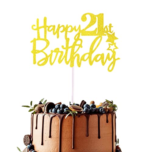 21 Geburtstag Tortendeko Probuk 3PCS 15*10cm Wiederverwendbar Glitzer Goldene Cake Topper Kuchenfahne,Partydekoration Kuchenfahne für Geburtstags/Hochzeits/Hauspartys/Weihnachtsfeiern/Jubiläen Cover