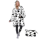 Catalonia Cow Print Oversized Hoodie Blanket Sweatshirt, Wearable Sherpa Blanket Pullover, Soft Warm Comfortable Portable Travel Sweater Pillow for Adults Men Women, Gift for Her