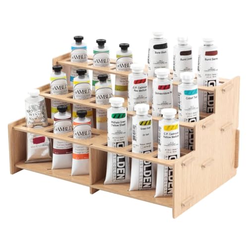 Image of HG Art Concepts Mezzo Artist Paint and Brush Racks - Wood Grain Laminate Multi Layer Desk Stand Professional Storage Display Organizer for Paintbrushes and Tubes - Straight Rack, 3 Pack