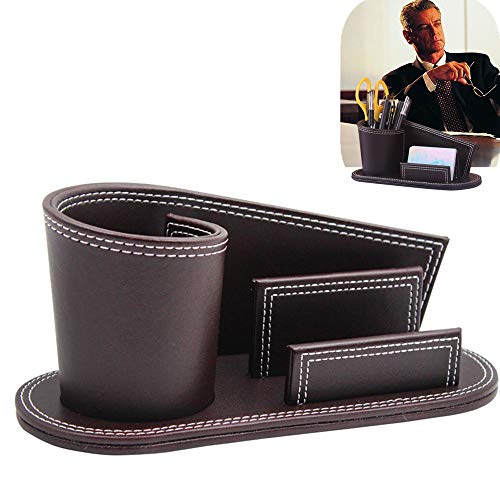 Faux Leather Pen Pot, Irregular Desk Organiser With Business Card Holder Office Desktop Pen Holder Creative Desk Tidy Stationery Storage Box Luxury Desk Supplies Organizer Makeup Brushes Holder