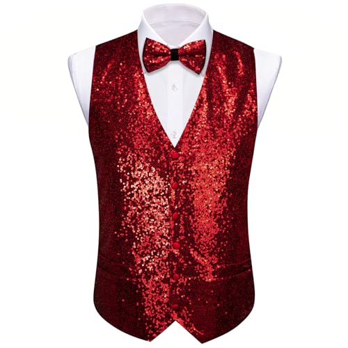 Barry.Wang Mens Sequin Vest Tie Clip Bowtie Set V-neck Shiny Waistcoat Pocket Square Lapel Pin Party Prom Tuxedo 6PCS3