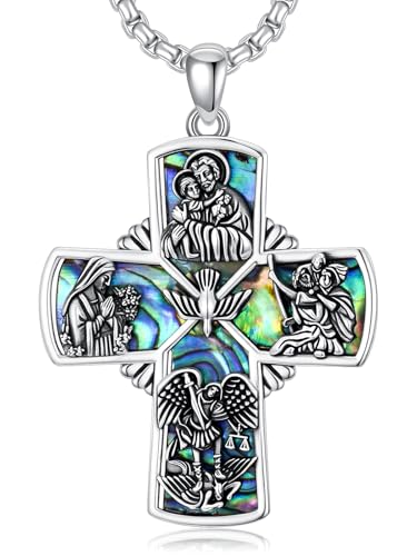 Patron Saint Necklace S925 Sterling Silver Four Way Cross Necklace St Michael/St Christopher/St Benedict/St Joseph/St Francis Pendant, Religious Protection Necklace for Men Women Birthday Father's Day Anniversary