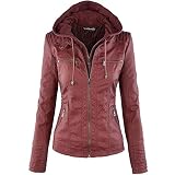 Newbestyle Kunstlederjacke für Frauen mit Kapuze Moto Biker Jacke Full Zip Plissee Overcoat Casual Coat Warm Tops, weinrot, 38