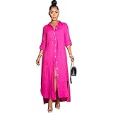 Womens Linen Maxi Shirt Dress Button Down Casual Loose Oversized Long Sleeve Collared Flowy Split Hi