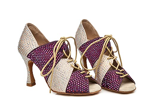 Minishion Dance Shoes For Women Lace-Up High Heel Latin Sandals L460 Nude/Purple Us 8.5 #TOP1