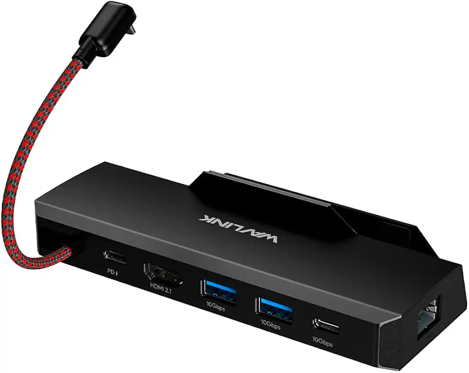 Docking Station 6 em 1 para Steam Deck e Rog Ally com HDMI 2.1 4K 144Hz Carregamento PD 100W Conexão Gigabit RJ45 e 3 Portas USB 3.2 de 10Gbps Suporte de Mesa para Consoles Portáteis