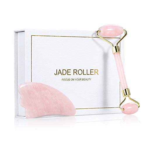 Jade Roller and Gua Sha Tools Set - Anti Aging Rose Quartz Roller Massager - 100% Real Natural Jade Roller for Face, Eye, Neck - Beauty Jade Facial Roller for Slimming & Firming