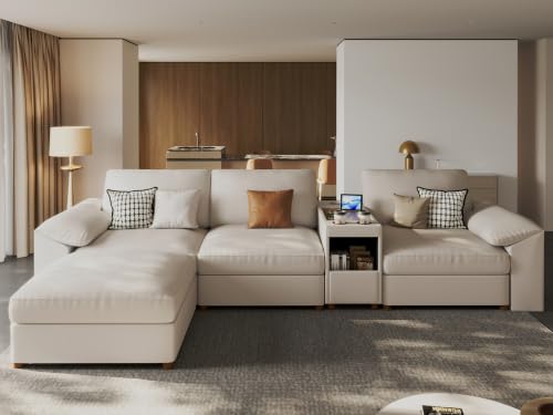 Image of EASE MOOSE Leather Sectional Couch, Oversized Modular Sectional Sofas, Wide Deep Seat Modular Couch, Scratch Resistant Faux Leather Material, L Shaped Sofa for Big Spaces,Beige