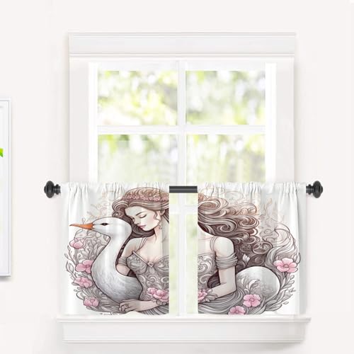 BaoNews Woman Swan Flowers Blackout Tier Curtains, Woman with Swan and Flowers Half Window Drapes for Kitchen with Rod Pocket,Room Darkening 2 Pack 26X24 Inches