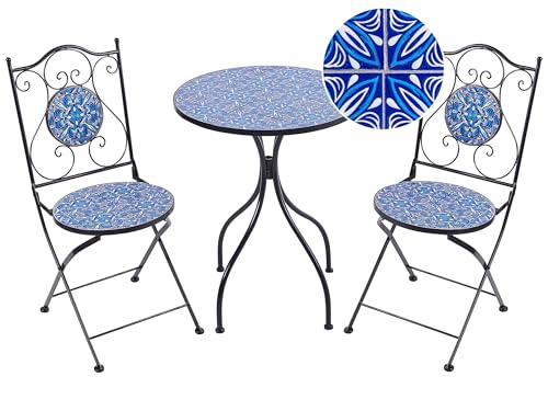 Ensemble de Balcon Vintage en Métal Table et Chaises Extérieur Cadre en Fer Mosaïque Bleu Noir Cigliano