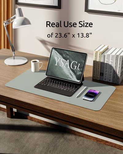 YSAGi Leather Desk Protector, Office Mat, Large Mouse Mat, Non-Slip PU Leather Blotter, Laptop Pad, Waterproof Writing Pad for Office and Home (Grayish Green, 23.6" x 13.8") - Image 6
