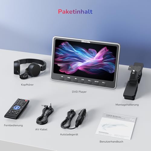 GOnavidio 12,5 DVD-Player Auto mit HDMI-Eingang, Kopfhörer, Montagehalterung, DVD Player Auto Kopfstütze Disc-Eingang mit Saugnapf, unterstützt Sync Screen, AV EIN- und Ausgang ohne Akku