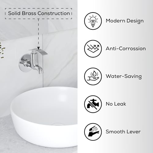 Image of GLOXY Premium Brass Bib Cocke Short Body with Chrome Finish - Short Body Wash Basin Tap Sky Lever with Wall Flange - Bib Cock Tap for Kitchen Sink, Bathrooms, Gardens - 10 Years Warranty