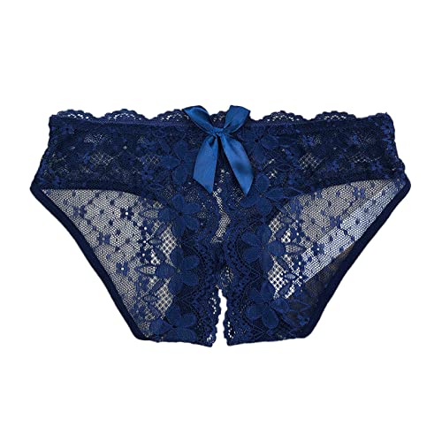 Lista de Braguitas, tangas y culotes para Mujer al mejor precio. 41 Bragas suaves de encaje con pajarita de mariposa para mujer, ropa interior elástica, linda, con control de abdomen, tangas transparentes, Azul oscuro, L