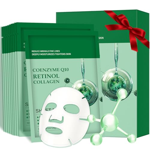 Pack of 10 Collagen Mask Face Masks Skincare, Coenzyme Q10 Retinol Collagen Facial Masks Skincare, Hydrating Face Beauty Care Masks for Deep Moisturizing