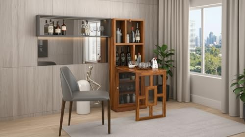 Image of Wooden Bar Cabinet for Home - Large Bar Unit for Living Room with Wine Rack - Foldable Table & Glass Door Storage | Sheesham Bar Table for Home & Bar Counter (Walnut Finish)