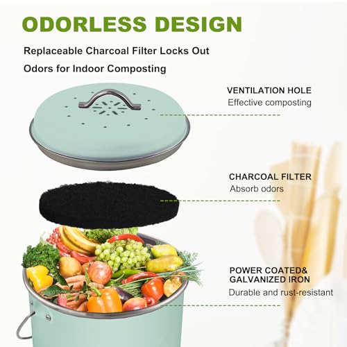 Image of Kitchen Countertop Compost Bin, Odor Resistant Indoor Compost Bin with Lid and Charcoal Filter, Rust Resistant Coated Compost Bucket, Compost Container, Mint