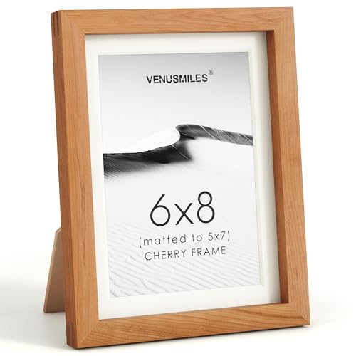 Image of 6x8 Picture Frame, USA-Sourced Natural Cherry Wood Photo Collage Frame with HD Tempered Glass, Modern Simple 6 x 8 Wooden Frame Matted to 5x7, Gallery Wall Frames for Art, Wall or Tabletop Display