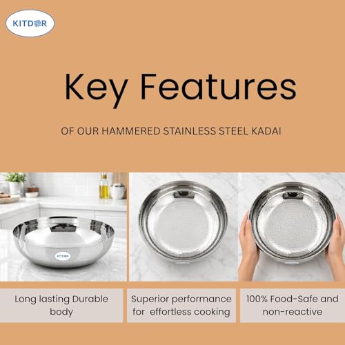 Image of Stainless Steel Hammered Kadhai with Sturdy Handle, Heavy Bottom for Even Heat, Ideal for Deep Frying & Daily Cooking, Rust-Resistant & Durable (1.2L, Without Handle)