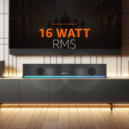 Image of amazon basics X20G 16W Bluetooth Soundbar with 2000mAh Battery | 2X Bass | Up to 7 hrs of Playback | RGB Lights | Bluetooth 5.3, Aux & USB Connectivity (Black)