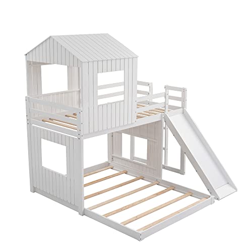 Image of Twin Over Full Bunk Bed Frames Loft Bed with Slide, House Roof, Window and Safety Guardrails for Boys or Girls, White