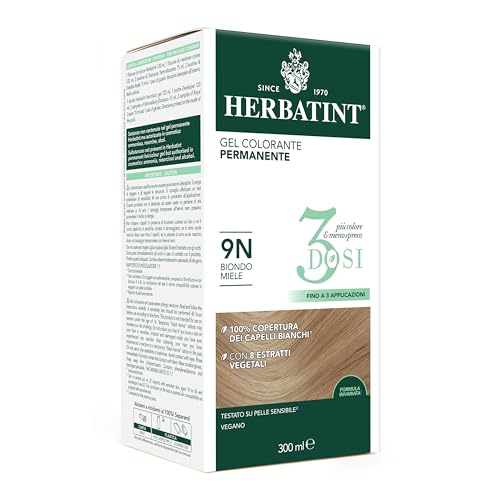 Herbatint Gel Colorante Permanente 3Dosi, 300ml - 9N Biondo Miele, Senza Ammoniaca, per Pelli Sensibili, 100% Copertura Capelli Bianchi, con 8 Estratti Naturali Bio