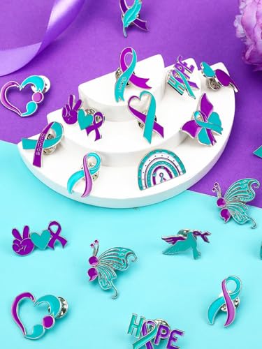 JUNEBRUSHS 28pcs Suicide Prevention Awareness Pins Purple Teal Ribbon Lapel Pins for Suicide Prevention Awareness Teens Adults Children Party Event Favors Decor Accessories3