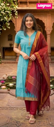 Image of SANJ Mangalagiri Cotton Unstitched Dress Material for Womens dress Unstitched Traditional salwar suit | TOP | Bottom | Duppatta