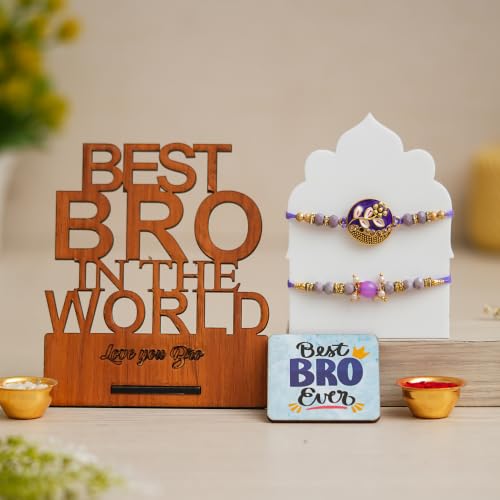 Image of eCraftIndia Set of 2 Designer Rakhis for Brother with Best Bro in the World Wooden Showpiece, Best Bro Ever Fridge Magnet & Roli Chawal Pack | Purple Designer Rakhi | Raksha Bandhan Gift