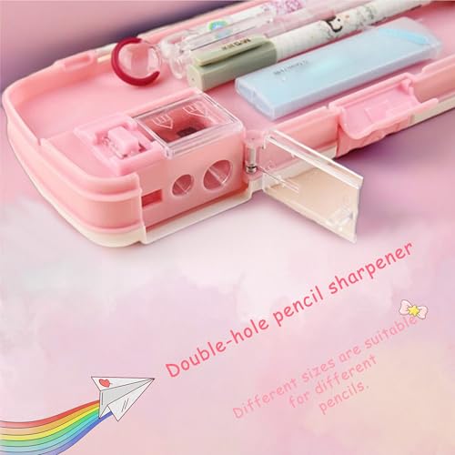 Image of Double Layer Pencil Case, Plastic Pencil Boxes with Pencil Sharpener, Cute Pen Box Organizer for Pencils, Erasers, Paper Clips, School Supplies, Best Birthday Gifts for Kids Teens(Pink)